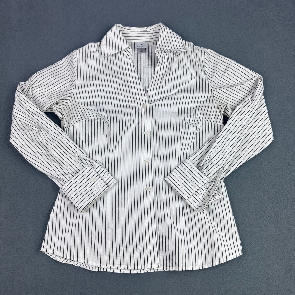 Worthington Stretch Pinstripe Button Down Shirt White Black Size 4 Long Sleeve